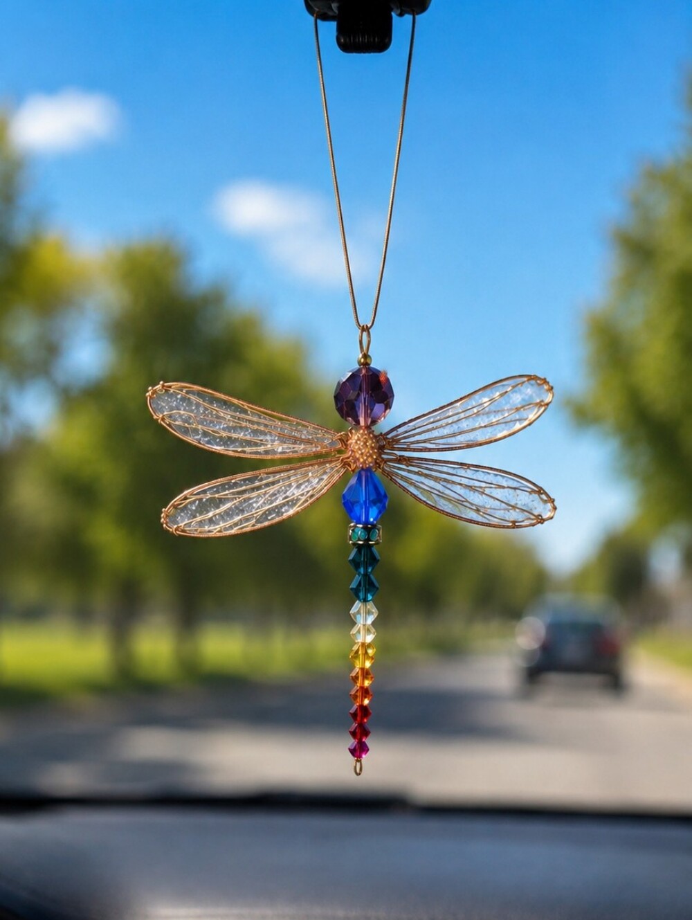 7 Chakra Swarovski Crystal Dragonfly Pendant Rainbow Suncatcher Gold Tone 3.5"